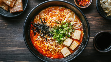Top view of a ramen bowl with spicy broth, thick noodles, and an assortment of toppings including tofu and chili oil.の素材
