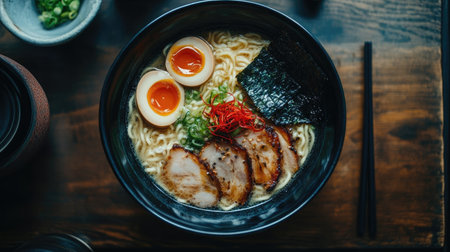 Top view of a ramen bowl with tonkotsu broth, ramen noodles, and a variety of toppings like chashu pork and nori.の素材