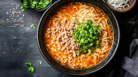 Top view of a ramen bowl featuring spicy miso broth, noodles, and toppings like minced pork, bean sprouts, and green onions.の素材