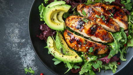 Top view of a serving of grilled chicken breast with a citrus glaze, served with a mixed greens salad and avocado.の素材