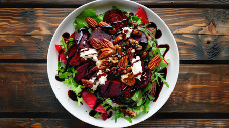 Top view of a roasted beet and goat cheese salad with mixed greens, candied pecans, and a balsamic glaze.の素材