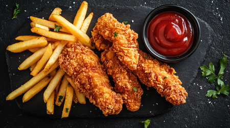 Top view of a serving of fried chicken strips with a crispy coating, served with a side of ketchup and fries.の素材
