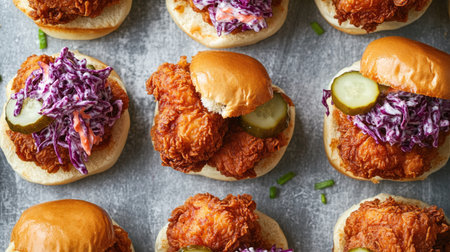 Top view of a serving of fried chicken sliders topped with coleslaw and pickles, served on mini buns.の素材