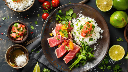 Top view of a seared tuna steak with a citrus salsa, accompanied by a side of jasmine rice and fresh herbs.の素材