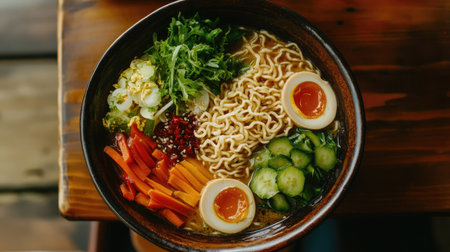 Top view of a ramen bowl with miso broth, ramen noodles, and an array of fresh vegetables, perfect for a healthy meal.の素材