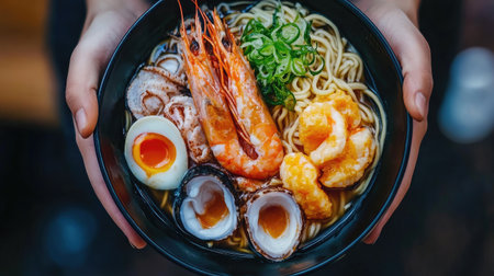 Top view of a ramen bowl featuring spicy seafood broth, noodles, and an array of seafood like shrimp and squid.の素材