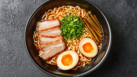 Top view of a ramen bowl with shio broth, noodles, and toppings including pork slices, bamboo shoots, and a soft-boiled egg.の素材