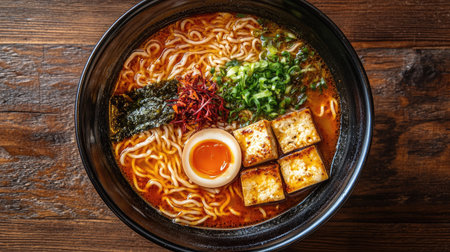 Top view of a ramen bowl with spicy broth, thick noodles, and an assortment of toppings including tofu and chili oil.の素材