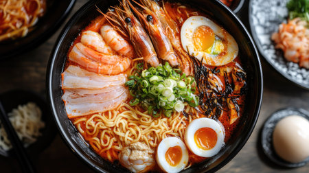Top view of a ramen bowl featuring spicy seafood broth, noodles, and an array of seafood like shrimp and squid.の素材