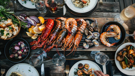 Top view of a seafood feast featuring grilled lobster tails, prawns, and clams, accompanied by a side of roasted vegetables.の素材