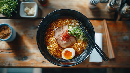 Top view of a ramen bowl with rich soy sauce broth, noodles, and classic toppings like chashu pork and narutomaki.の素材