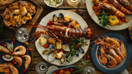 Top view of a seafood feast featuring grilled lobster tails, prawns, and clams, accompanied by a side of roasted vegetables.の素材