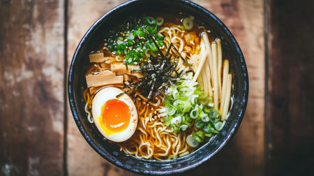Top view of a ramen bowl with shoyu broth, thin noodles, and toppings like bamboo shoots and a soft-boiled egg.の素材