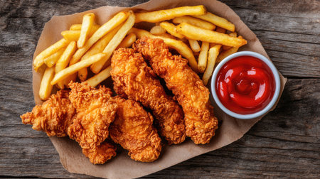 Top view of a serving of fried chicken strips with a crispy coating, served with a side of ketchup and fries.の素材