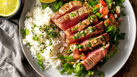Top view of a seared tuna steak with a citrus salsa, accompanied by a side of jasmine rice and fresh herbs.の素材