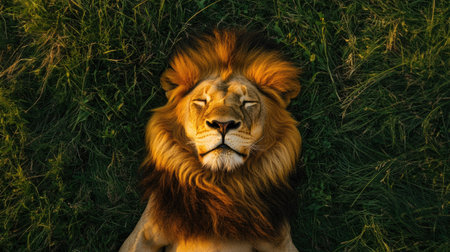 Top view of a majestic lion lying in the grass, its mane spread out like a golden halo around its headの素材