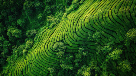 Top view of a lush green tea plantation, with rows of tea plants creating a stunning pattern on the hillsideの素材