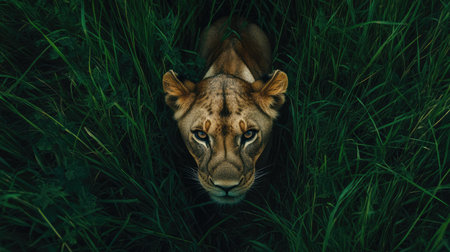 Top view of a lioness stalking through tall grass, her body low and eyes focused on potential preyの素材