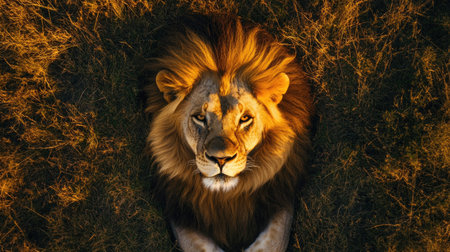 Top view of a majestic lion lying in the grass, its mane spread out like a golden halo around its headの素材