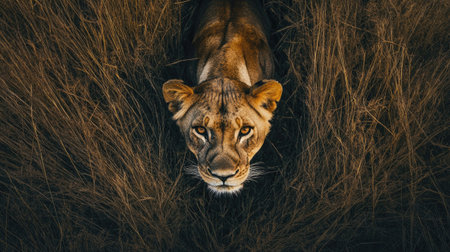 Top view of a lioness stalking through tall grass, her body low and eyes focused on potential preyの素材
