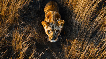 Top view of a lioness stalking through tall grass, her body low and eyes focused on potential preyの素材