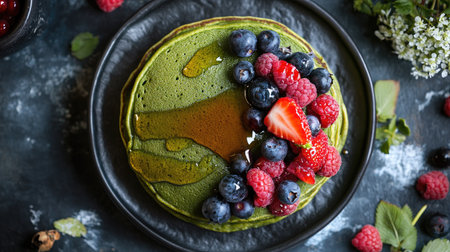 Top view of a matcha green tea pancake topped with fresh berries and a drizzle of honeyの素材