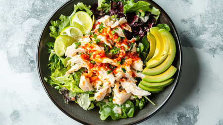 Top view of a spicy crab salad with fresh crab meat, mixed greens, and a zesty chili lime dressing, garnished with avocado slices.の素材
