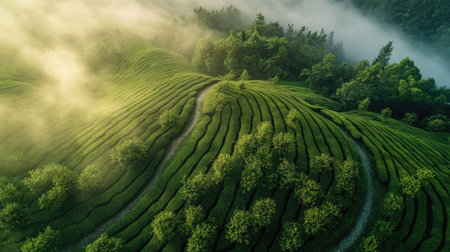 Top view of a mist-covered green tea plantation in the early morning, with winding paths between the rowsの素材