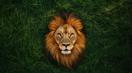 Top view of a majestic lion lying in the grass, its mane spread out like a golden halo around its headの素材