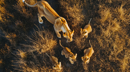 Top view of a lioness teaching her cubs to hunt, demonstrating stalking techniquesの素材
