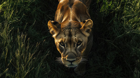 Top view of a lioness stalking through tall grass, her body low and eyes focused on potential preyの素材