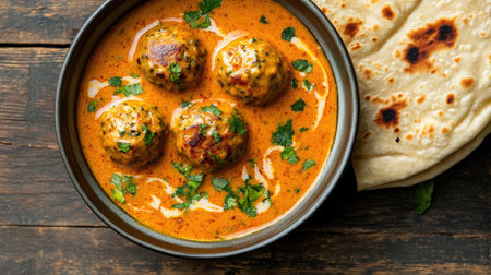 Top view of a serving of malai kofta in creamy gravy, paired with butter naan and garnished with fresh herbsの素材