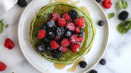 Top view of a matcha green tea pancake topped with fresh berries and a drizzle of honeyの素材