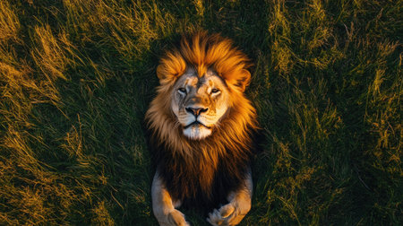 Top view of a majestic lion lying in the grass, its mane spread out like a golden halo around its headの素材