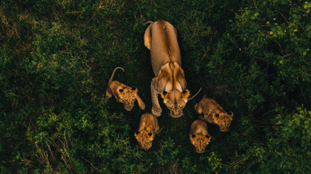 Top view of a lioness teaching her cubs to hunt, demonstrating stalking techniquesの素材
