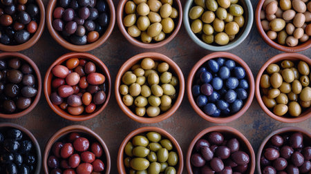 Top view of a selection of olives in various colors and sizes, displayed in small ceramic bowlsの素材