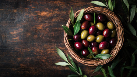 Top view of a rustic basket filled with freshly picked olives, with olive leaves scattered aroundの素材