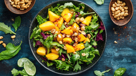 Top view of a spicy mango salad with fresh mango slices, mixed greens, and a tangy chili lime dressing, garnished with peanuts.の素材