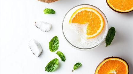 Top view of a refreshing coconut water drink with a slice of orange and mint, on a white backgroundの素材