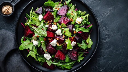 Top view of a spicy beet salad with roasted beets, mixed greens, and a tangy chili lime dressing, garnished with goat cheese.の素材