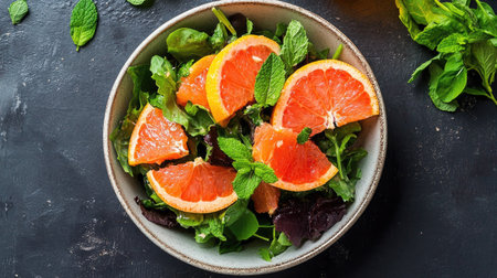 Top view of a spicy grapefruit salad with grapefruit segments, mixed greens, and a spicy citrus dressing, garnished with fresh mint.の素材