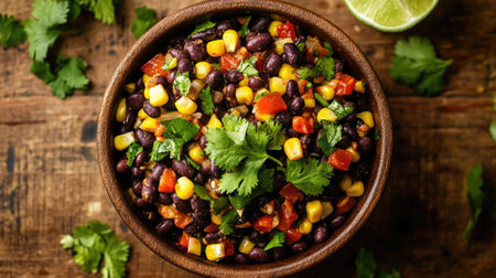 Top view of a spicy black bean salad with black beans, corn, and a zesty chili lime dressing, garnished with fresh cilantro.の素材