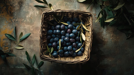 Top view of a rustic basket filled with freshly picked olives, with olive leaves scattered aroundの素材