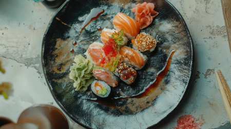 Top view of a sushi plate featuring fresh fish and vegetable rolls, served with soy sauce and wasabi.の素材