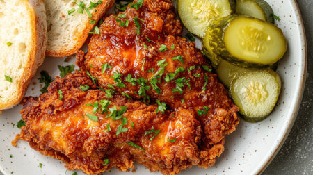 Top view of a serving of Nashville hot fried chicken breast, served with pickles and white bread.の素材
