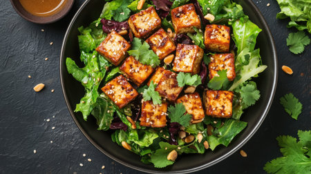 Top view of a spicy peanut tofu salad with crispy tofu, mixed greens, and a spicy peanut dressing, garnished with cilantro.の素材