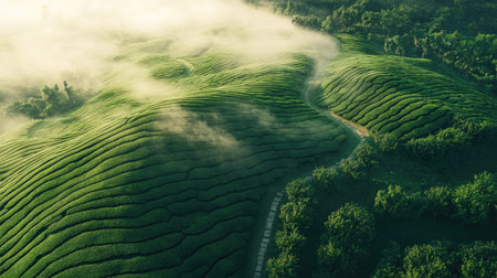 Top view of a mist-covered green tea plantation in the early morning, with winding paths between the rowsの素材