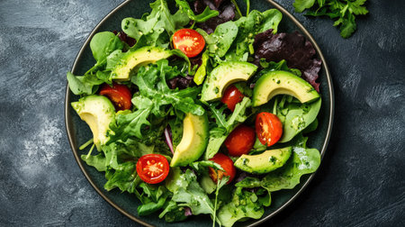 Top view of a spicy avocado salad with mixed greens, cherry tomatoes, and a spicy cilantro lime dressing, topped with avocado slices.の素材