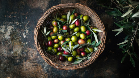 Top view of a rustic basket filled with freshly picked olives, with olive leaves scattered aroundの素材