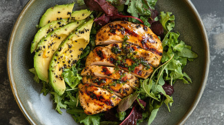 Top view of a serving of grilled chicken breast with a citrus glaze, served with a mixed greens salad and avocado.の素材